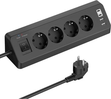 Кутова розетка з 2 USB і 2 Type-C, 4-х секційна розетка з вимикачем, захист від перенапруги з подовжувачем і кабелем 2M для кухні