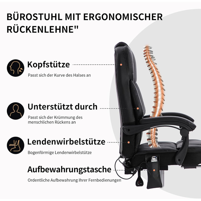 Ергономічне офісне крісло, масажне та підігріте крісло, обертове крісло з підставкою для ніг, меблі для кабінету, крісло для ПК, крісло керівника, тип PU (чорний)