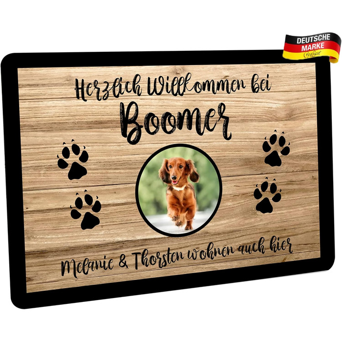 Персоналізований килимок для дверей - міцний, нековзний килимок для використання всередині та зовні приміщень - можна прати - килимок для зовнішніх та вхідних дверей - 60x40 см - собака/кіт з фотографією та іменем (імітація дерева)