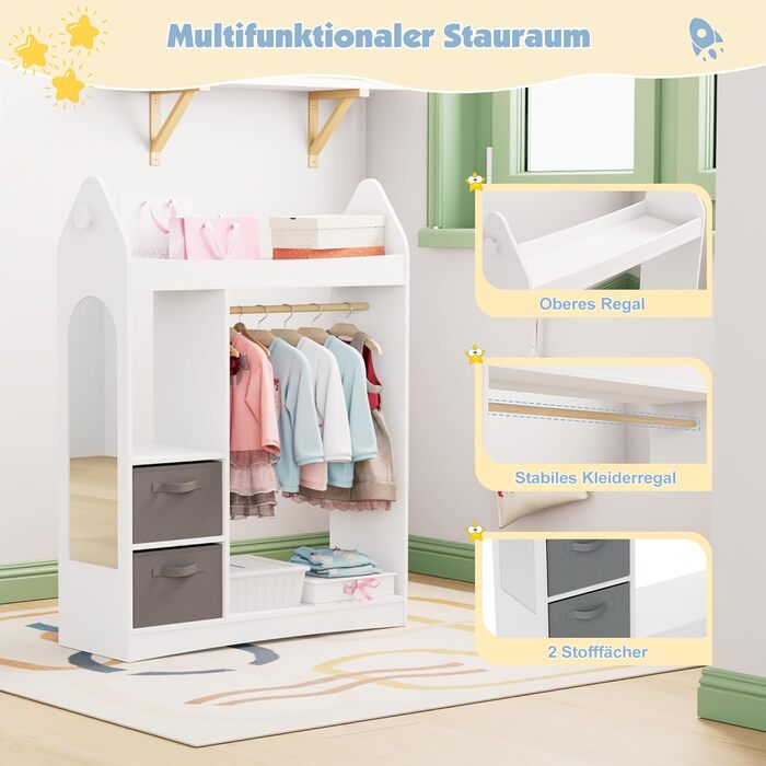 Дитяча шафа, дитяча вішалка для одягу з коробками, вішалка для одягу, дзеркало та полиці, дерев&39яна дитяча шафа, дитяча полиця 81 x 28 x 106,5 см (ракета з 2 шухлядами, біла) Біла ракета з 2 шухлядами