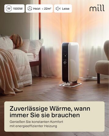 Масляний радіатор Mill, 1500 Вт, електричний обігрівач, до 22 м, безшумний, енергозберігаючий електричний обігрівач, безпечний електричний радіатор з програмою день/ніч, білий електричний радіатор, 18-22 м