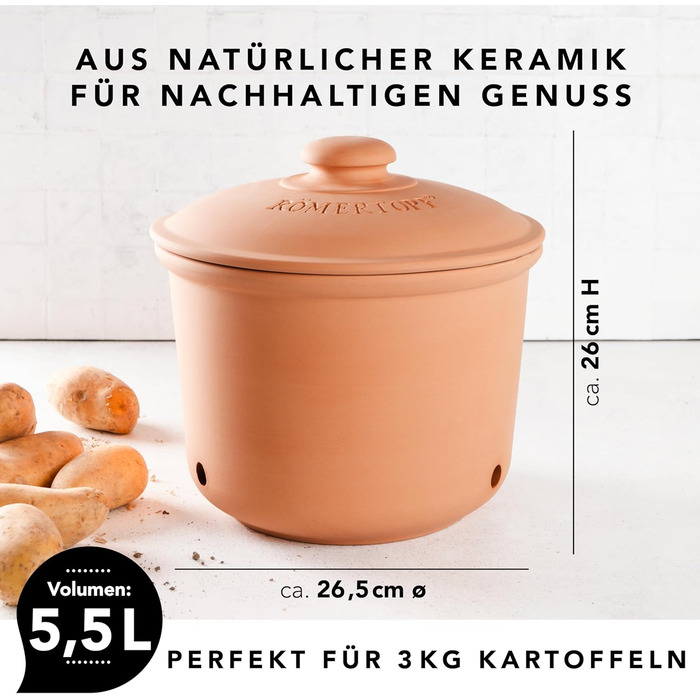Картопляний горщик Rmertopf MAXI PLUS з натуральної глини, теракотовий, Ø 26 см, об&39ємом 5,5 л для зберігання приблизно 3 кг картоплі та овочів, вентильований з 3 вентиляційними отворами, глазурований дно, можна мити в посудомийній машині
