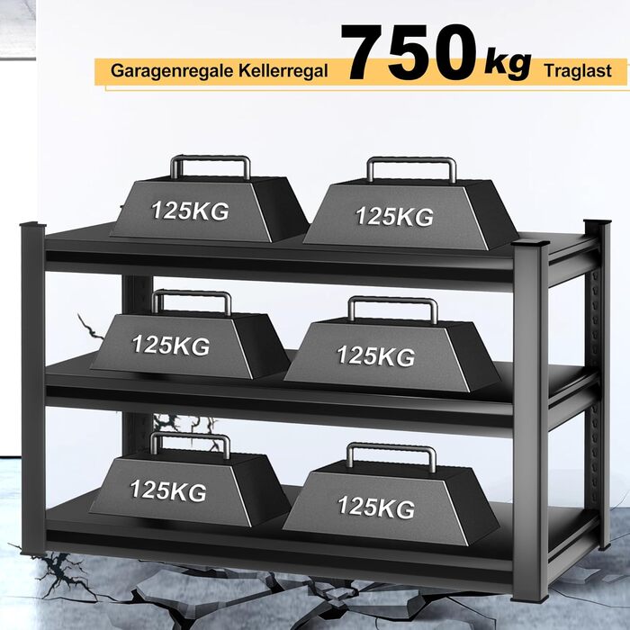 Міцний стелаж, стелаж зі сталевим каркасом, полиця для зберігання з 3 регульованими полицями, стелаж для підвалу, стелаж без болтів, стелаж для майстерні, підвал, гараж, майстерня, чорний, 120 x 45 x 99 см - 3 полиці