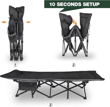 Складане туристичне ліжко з наматрацником для дорослих, XXL 190 x 71 x 38 см, Складане туристичне ліжко з матрацом для кемпінгу, саду, використання в приміщенні та на вулиці, чорне