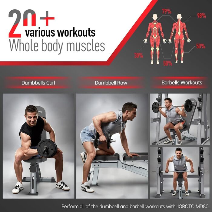 Силова лава преміум-класу JOROTO Практична фітнес-лава, підходить як похила та горизонтальна лава, лава для жиму лежачи для тренування всього тіла MD80, складна плоска регульована лава для живота