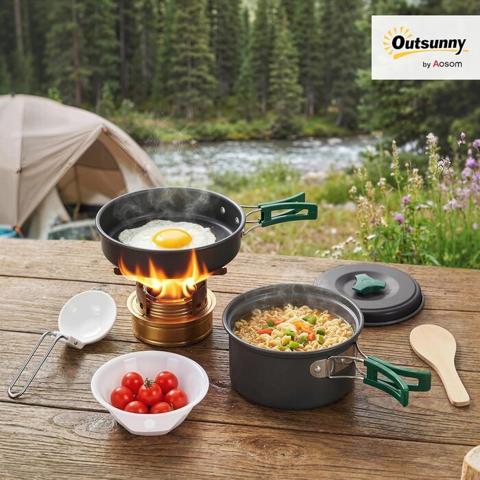 Набір посуду Outsunny для кемпінгу, 8 предметів портативний посуд для приготування їжі на відкритому повітрі з антипригарними ручками, швидко нагрівається. Каструля, сковорода та набір посуду на 2 особи для походів, пікніків та барбекю, сірий колір.