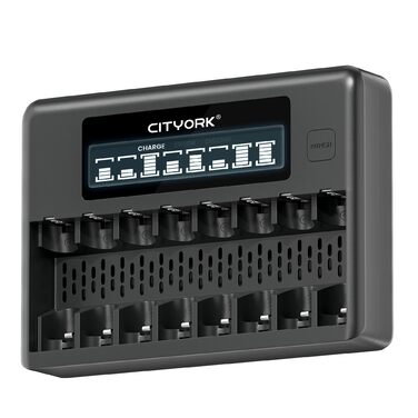 Зарядний пристрій CITYORK для акумуляторних батарей AA AAA, 8-слотовий зарядний пристрій з РК-дисплеєм, швидкою зарядкою через USB та незалежним слотом для акумуляторів AA/AAA Ni-MH Ni-CD
