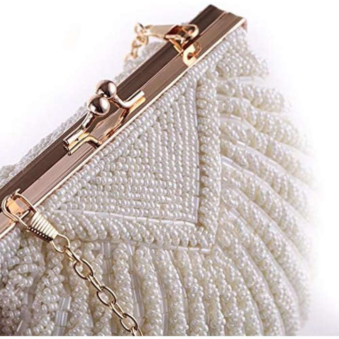 Клатч жіночий вечірній, сумка-клатч для нареченої, перли, перламутр, ланцюжок, бежевий