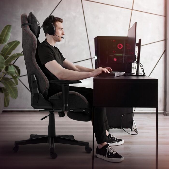 Ігрове крісло ML-Design, сіро-червоне, тканинне, ергономічне офісне крісло, регульоване поворотне крісло, гоночне ігрове крісло з підлокітниками, підголівником, поперековою подушкою, підставкою для ніг, робоче крісло, спортивне сидіння, крісло керівника