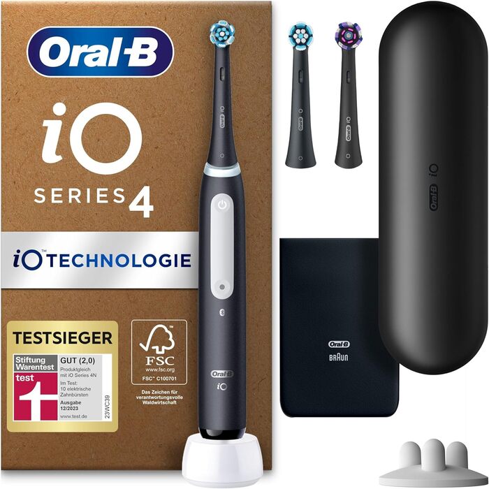 Електрична зубна щітка Oral-B iO Series 4 Plus Edition, ПЛЮС 3 щітки, футляр, 4 режими чищення, догляд за зубами, упаковка, що підлягає переробці, матовий чорний