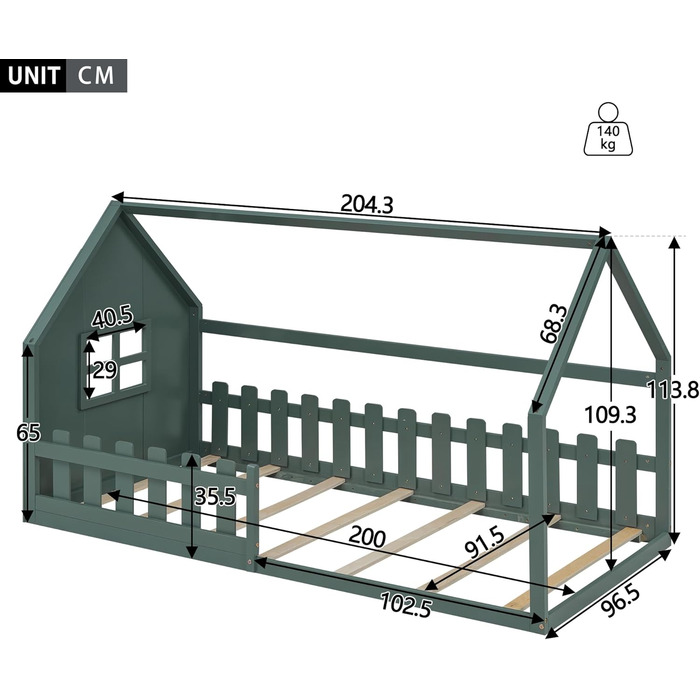 Дитяче ліжко-будиночок 90x200, підлогове ліжко із захистом від падіння та рейковою основою, дерев&39яне ліжко для хлопчиків та дівчаток, зелене без матраца