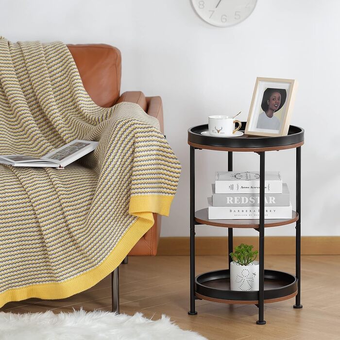 Промисловий 3-ярусний журнальний столик, вінтажний круглий журнальний столик із міцним металевим каркасом, для вітальні, спальні та балкону (колір рустик-коричневий)