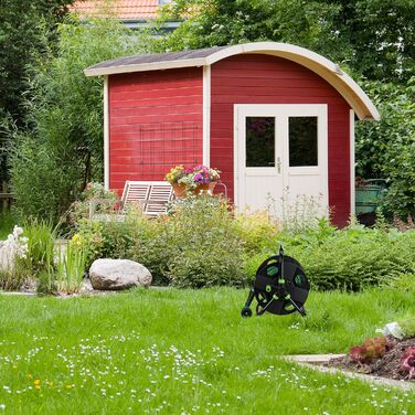 Котушка для шланга Relaxdays, для 30 м шланга 1/2, сталь, пластик, тримач шланга, 38 x 42 x 31 см, чорний/зелений