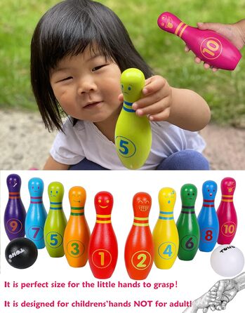 Дерев&39яна іграшка для боулінгу для дітей - Великий набір для боулінгу для дітей з обличчями та цифрами - Набір для боулінгу з 10 кеглями та 2 дерев&39яними кулями для боулінгу - Дерев&39яна іграшка для 2-річних малюків