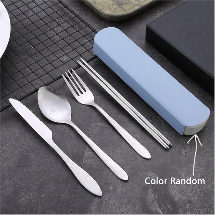 Універсальний набір столових приборів для подорожей та кемпінгу з 5 предметів, портативний посуд, палички для їжі з нержавіючої сталі, ложка, виделка, ніж для стейку з футляром для зберігання (чорний)