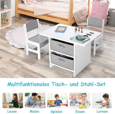 Дитячий стіл DREAMADE з 2 стільцями, комплект дитячих сидінь з місцем для зберігання, комплект із 3 робочих столів та стільців з 2 тканинними шухлядами, дерев&39яний комплект дитячих меблів для їжі, малювання та читання (сірий)