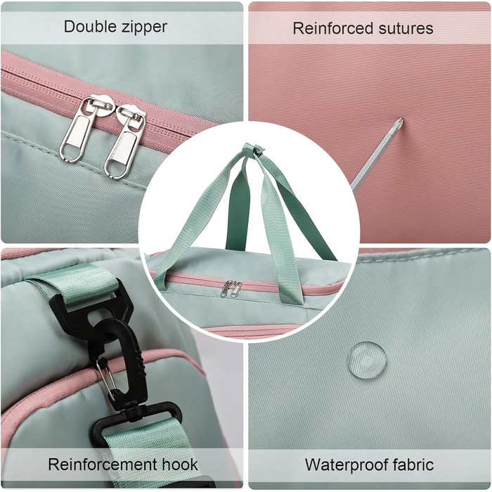 Жіноча спортивна сумка об&39ємом 45 л з відділенням для взуття, відділенням для вологи, водонепроникна сумка для вихідних, дорожня спортивна сумка з рюкзаком, сумка для плавання, сумка для тренувань, пляжна сумка для фітнесу, спорту, подорожей, зелено-рож