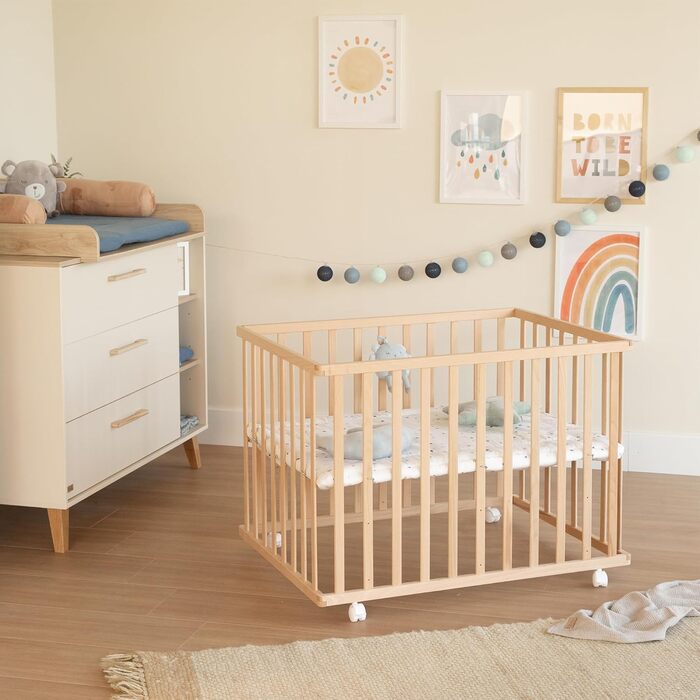 Манеж roba 75 x 100 см з вкладишем Star Magic Grey - манеж із захисним вкладишем та колесами - регульований по висоті та мобільний - натуральне дерево