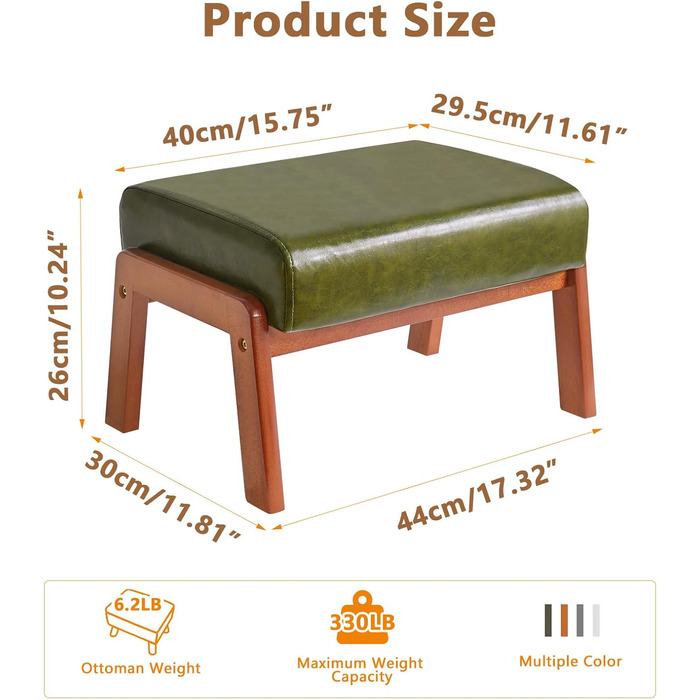 Невеликий пуф-табурет, прямокутний пуф-підставка зі штучної шкіри з м&39яким сидінням та дерев&39яними ніжками, сучасний низький пуф-підставка для вітальні/спальні, темно-зелений WBD013GR, 10.2H