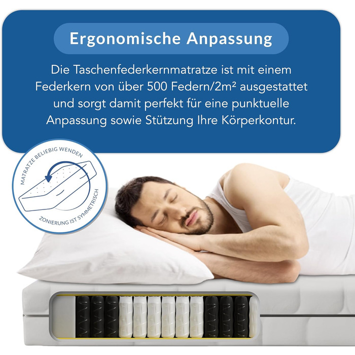 Матрац BMM Ortho Medic Plus 90x200 H4 пружинний матрац з кишеньковою структурою, 7 зон, висота 25 см, безпечний для спини при болях у спині, сертифікований Oeko-Tex, зроблений у Німеччині, надзвичайно жорсткий 90 x 200 см