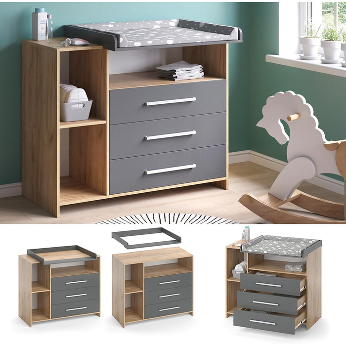 Пеленальний блок Vicco Oskar, золотий дуб/антрацит, 113 x 100 см золотий дуб 53D x 113W x 100H см (3 шухляди)