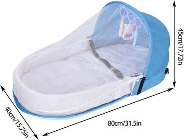 Складана дитяча колиска, портативна колиска, колиска для малюків з розвиваючими іграшками та дихаючою сіткою, дорожня колиска, дитяче ліжко, портативне дитяче ліжко для кемпінгу на свіжому повітрі, синього кольору
