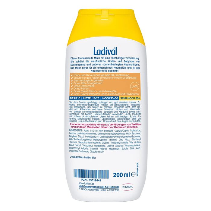 Дитяче сонцезахисне молочко Ladival SPF 50 Сонцезахисний лосьйон без ароматизаторів для дітей без барвників та консервантів водостійкий 1 x 200 мл