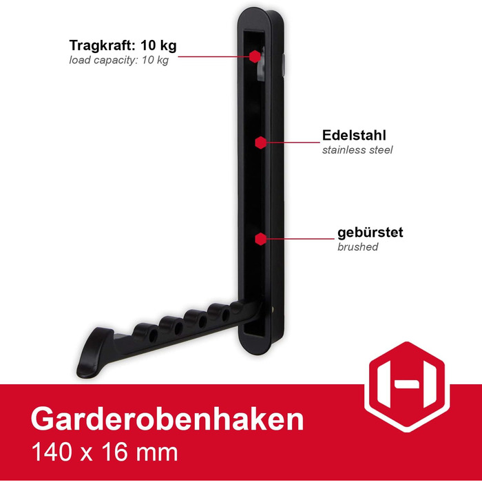 Складний гачок Gedotec металевий чорний матовий MITAL вбудований гачок складний Розміри 140 x 16 мм Вантажопідйомність кг Вентиляц