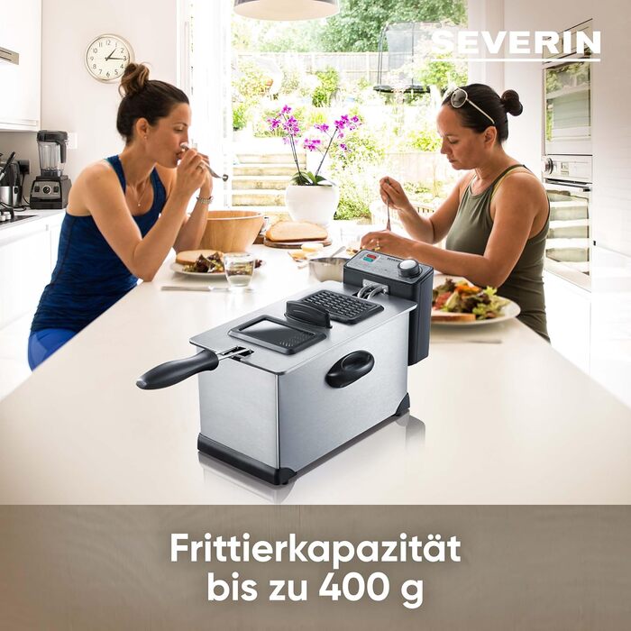 Фритюрниця SEVERIN, приблизно 400 г для смаження, знімний контейнер для жиру, пилозахисна кришка з оглядовим вікном, для приготування гарнірів і основних страв, 2000 Вт, 3 л, нержавіюча сталь/чорний, FR 2431