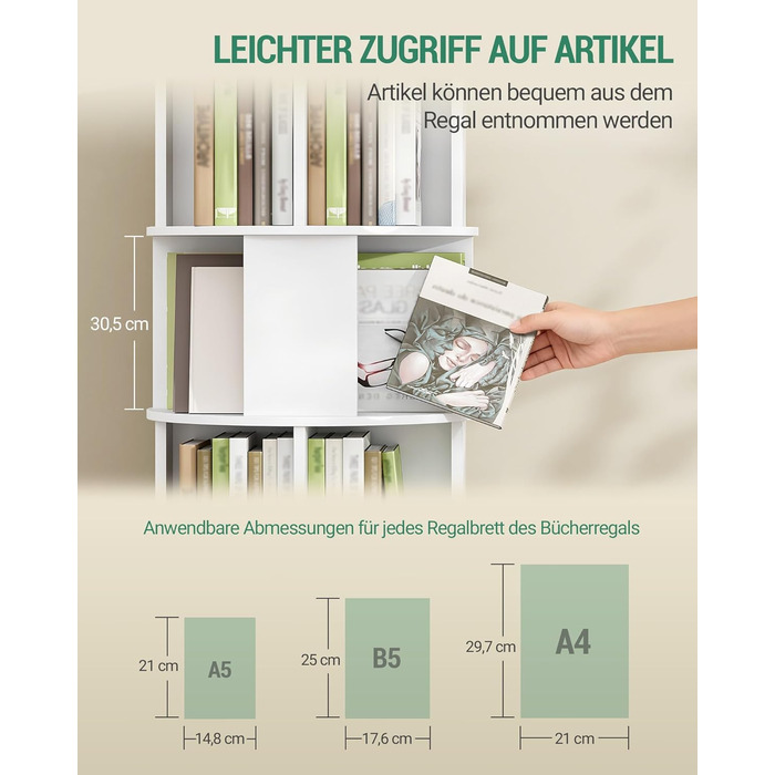 Книжкова полиця Hzuaneri, поворотна на 360, 5-рівнева вертикальна полиця для зберігання, сучасна окремостояча полиця, декоративна полиця на колесах, для вітальні, кабінету, офісу, 45 x 45 x 161,5 см, біла BC54003X