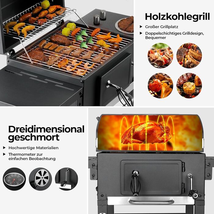 Вугільний гриль з кришкою та візком, BBQ коптильня, мобільний вугільний гриль на 2 колесах, з решіткою, термометром, компактний вугільний гриль-візок, регульований по висоті для кемпінгу та саду