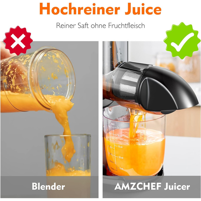 Переможець тесту овочів та фруктів AMZCHEF Juicer - Соковижималка Slow Juicer з функцією зворотного жування - Ніжне подрібнення без фільтрації - Електрична соковижималка зі щіткою та 2 чашками - Срібло