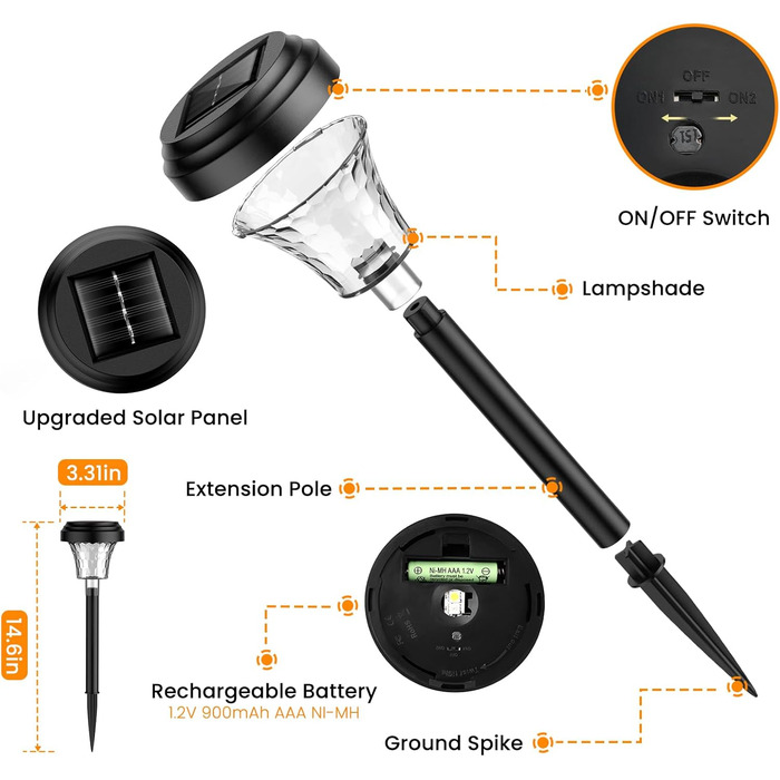 Сонячні садові ліхтарі, 8 шт. , з теплим світлом та 7 змінами кольорів RGB, водонепроникні IP65, автоматичне ввімкнення/вимкнення, світлодіодні садові доріжки для декорування саду на відкритому повітрі