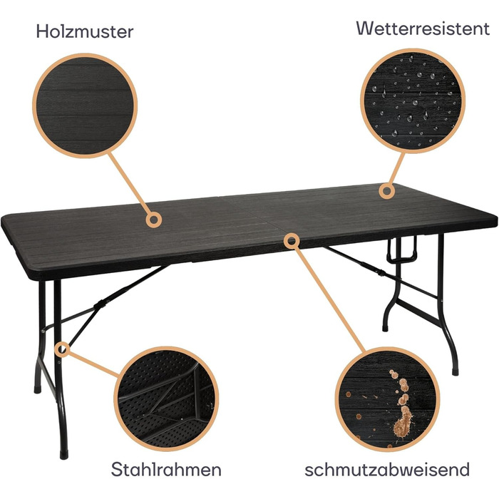 Складаний стіл Perel, фуршетний стіл, кемпінговий стіл, стіл для пікніка, чорний дерев&39яний вигляд, складаний та портативний з ручкою, стільниця з HDPE та сталевий каркас, 180 x 75 x 72 см, для використання в приміщенні та на вулиці