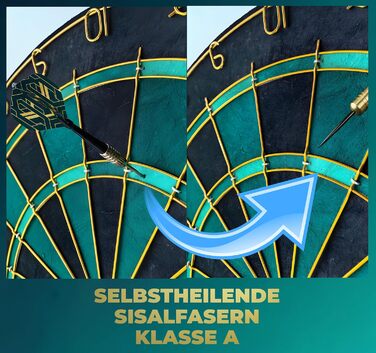 Професійна сизалева мішень для дротиків, бірюзового кольору із золотим кільцем з номером та стрілками - Професійна сталева мішень для дротиків - Мішень для дротиків з 6 металевими наконечниками, золотими стволами для дротиків та держаками