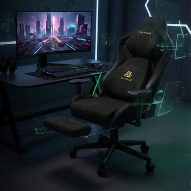 Ігрове крісло, офісне крісло, ергономічне, дихаюче ігрове крісло зі штучної замші, робоче крісло з підставкою для ніг, підголівником та поперековою подушкою, 3D-підлокітники, спинка 90-155, чорний колір