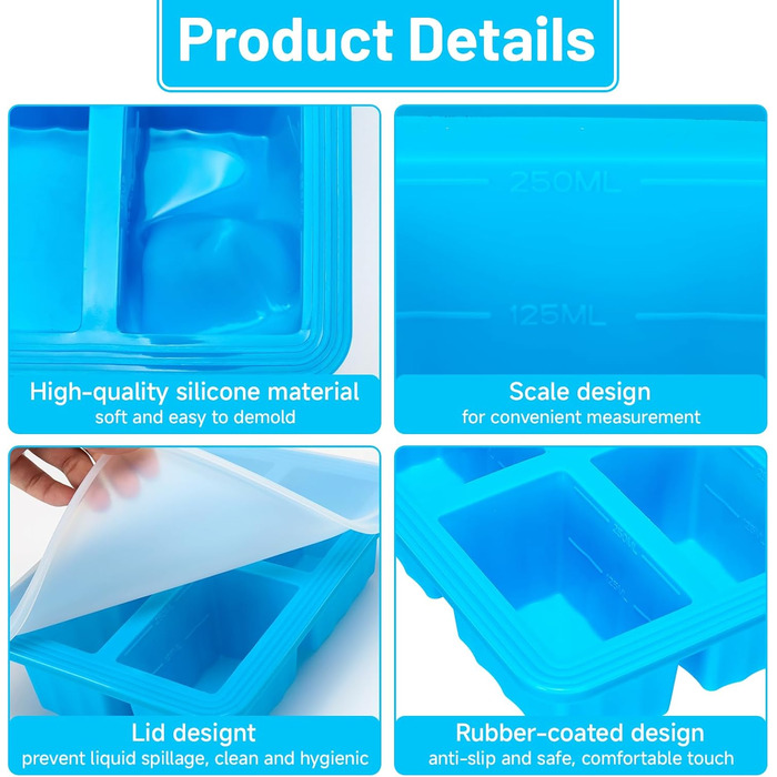 Контейнери для заморожування супів, 2 шт., силіконові кубики для супу з кришками, морозильна камера без бісфенолу А, лоток для кубиків льоду в морозильній камері для бульйону, соусу та льоду (синій)