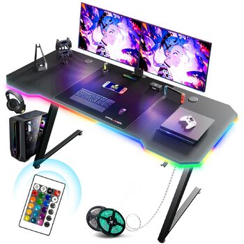 Ігровий стіл GTPLAYER, Ігровий стіл 120 x 60 см, ПК-стіл для гравців зі світлодіодним підсвічуванням, міцний комп&39ютерний стіл з гачком для навушників, чорний зі світловою стрічкою