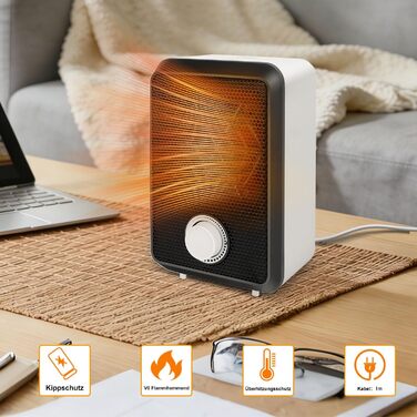 Міні-вентиляторний обігрівач 600 Вт, компактний електричний радіатор, захист від перегріву та перекидання, настільний обігрівач з термостатом, вогнестійкий матеріал V0, тихий мідний двигун, для столу/офісу/домашнього офісу (&lt10 м)