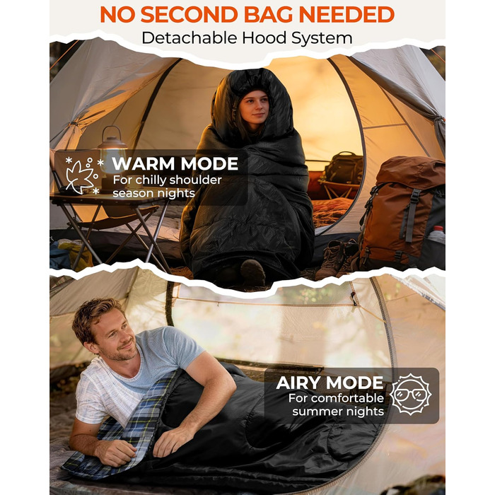 Спальний мішок Sportneer для активного відпочинку - Фланелевий зимовий спальний мішок 220 x 85 см, Компактний спальний мішок-ковдра на 3-4 сезони, Холодна погода, Зимовий кемпінг на свіжому повітрі, Чорний