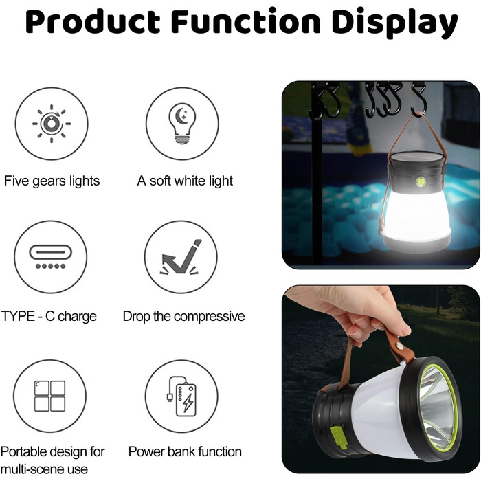 Світлодіодний сонячний кемпінговий ліхтар, USB-акумуляторний кемпінговий ліхтар з акумулятором 1200 мАг, 5 світлодіодних режимів освітлення, кемпінговий ліхтар з функцією ліхтарика та портативним зарядним пристроєм, водонепроникний кемпінговий ліхтар IP65
