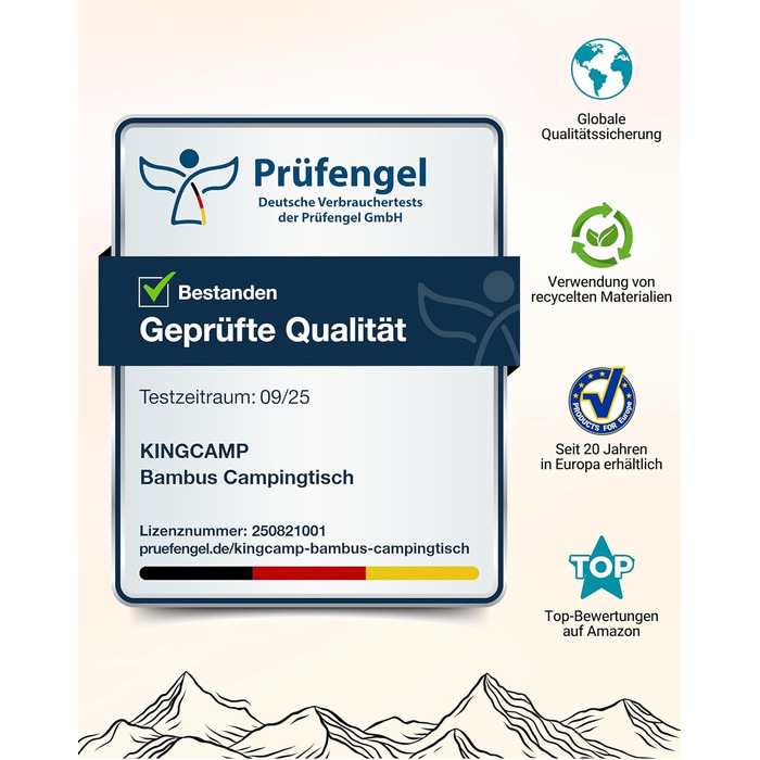 Складаний кемпінговий стіл KingCamp з бамбука, регульована висота (45/52/65 см) для 4-6 осіб, складний кемпінговий стіл з сумкою для перенесення, вантажопідйомність до 80 кг, 100 x 65 см, 3 фіксовані рівні висоти 100 x 65 см