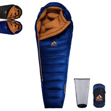 Зимовий пуховий спальний мішок, для температур від 0 до -24C. Ультралегкий матусин спальний мішок, для дорослих та підлітків для кемпінгу, піших прогулянок та походів. Синій -7C
