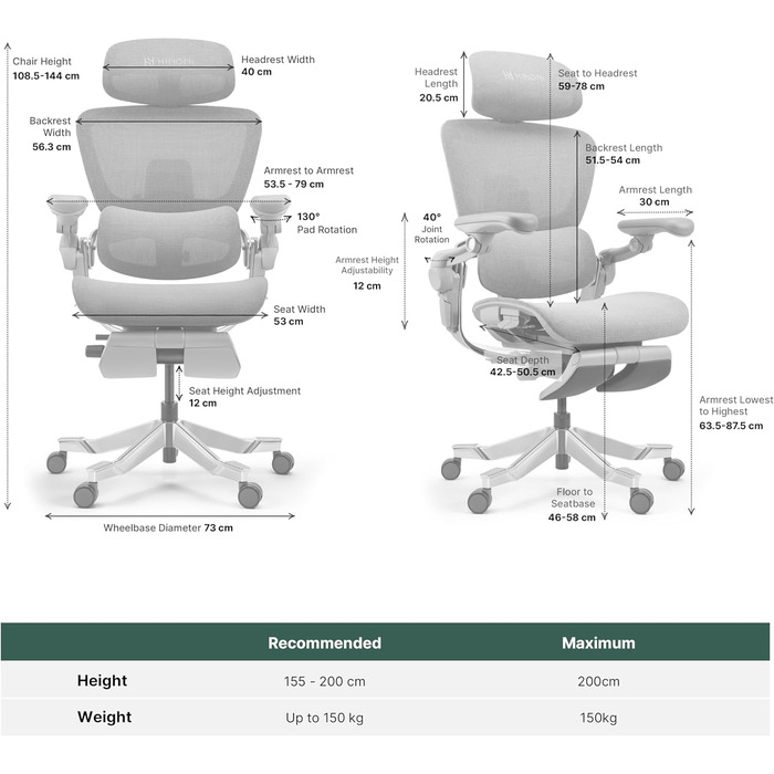 Ергономічне офісне крісло HINOMI H2 Pro з поперековою опорою, регульованим підголівником та підлокітниками, вантажопідйомність 150 кг, дихаюча сітка, обертове крісло для дому та офісу, ергономічне робоче крісло (чорне)