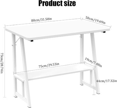 Білий стіл з книжковою полицею, комп&39ютерний стіл з полицею, комп&39ютерний стіл з полицею, ергономічний стіл для ноутбука, офісний стіл 80x50x73см, робочий стіл для домашнього офісу, вітальня білий 80x50x73см