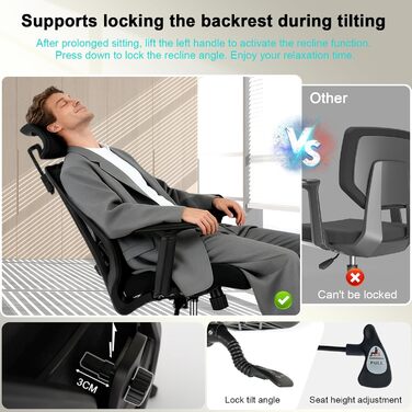 Ергономічне офісне крісло, робоче крісло з триступеневим фіксатором нахилу, обертове крісло з регульованим підголівником, підлокітниками та поперековою опорою, офісне крісло 150 кг