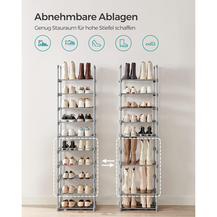 Рівнева взуттєва полиця, висока відкрита шафа для взуття, вузька підставка для взуття, металеве місце для зберігання взуття, компактне, для гардеробної, передпокою, 30 x 45 x 174 см, сірий LSA025G02 10 ярусів (45Ш см) сірий, 10-