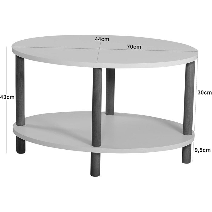 Журнальний столик Højreby, овальний диван-столик з 1 полицею, вітальня, 70 x 44 x 43 см, ніжки з бука, білий