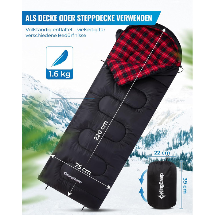 Спальний мішок KingCamp для дорослих, для холодної та теплої погоди, XL, великий та високий фланелевий спальний мішок з компресійним мішком, портативний, водонепроникний, аксесуар для кемпінгу на природі, чорний фланель, 22075 см