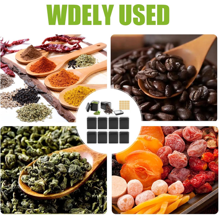 Класичних квадратних чайних банок, 7 x 7 x 8,5 см, для розсипного чаю, включаючи 20 етикеток, набір металевих ароматизованих чайних банок, місце для зберігання чаю, кави, цукру (чорні), 10